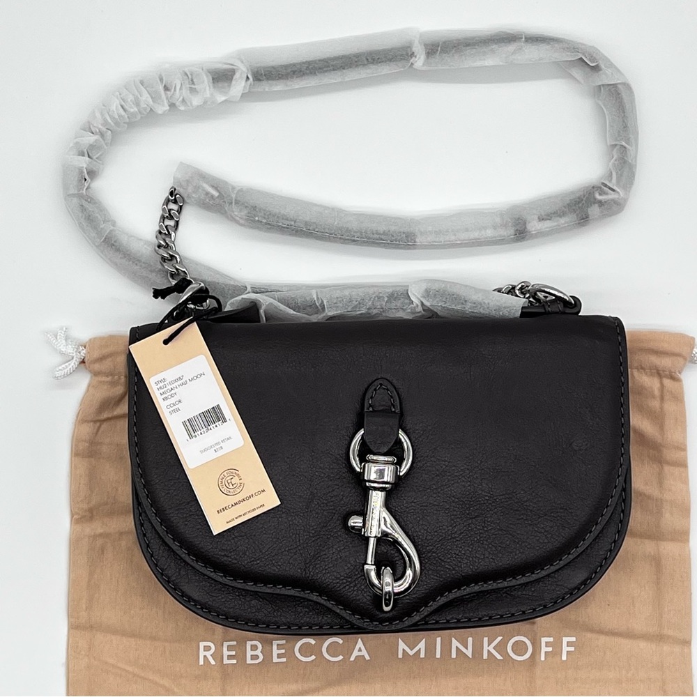 Rebecca Minkoff Megan Half Moon Leather Crossbody Bag in Steel | NWT
